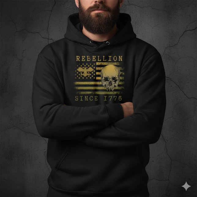 Rebellion 1776 American Flag Skull Black Hoodie (Creator Uploaded)