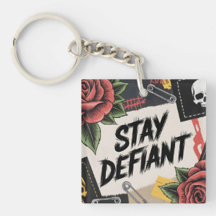 Rebellious Design: "Stay Defiant" Punk Slogan Keychain