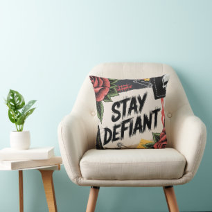Rebellious Design: "Stay Defiant" Punk Slogan Throw Pillow