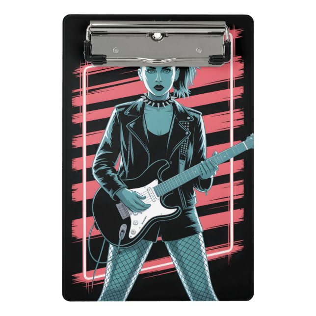 Rebellious Rock Star: Female Guitarist in Leather  Mini Clipboard (Front)