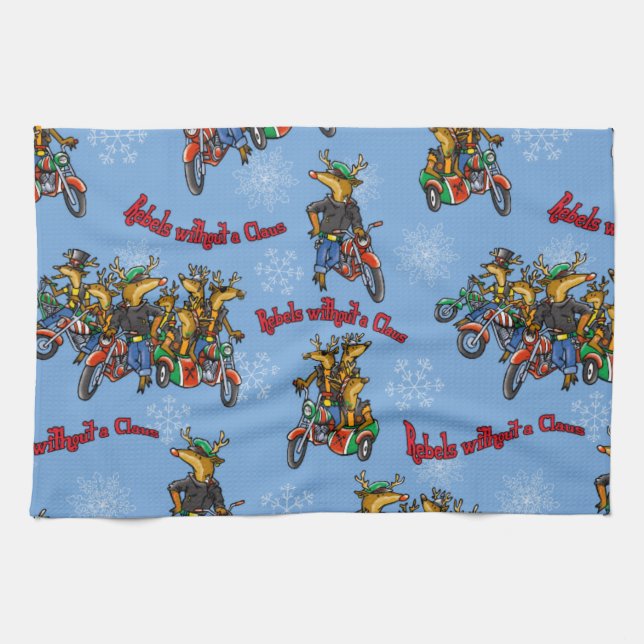Rebels without a Claus Reindeer Blue Holiday Kitchen Towel (Horizontal)