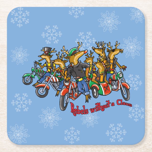 Rebels without a Claus Reindeer Blue Holiday Square Paper Coaster (Front)
