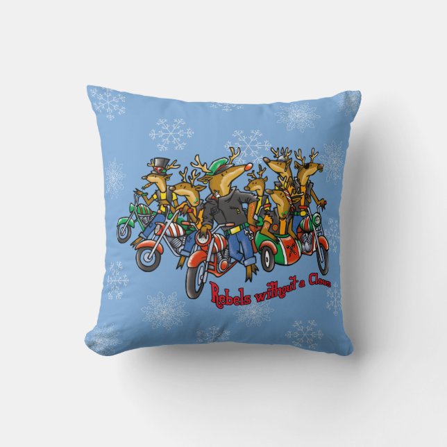 Rebels without a Claus Reindeer Blue Holiday Throw Pillow (Front)