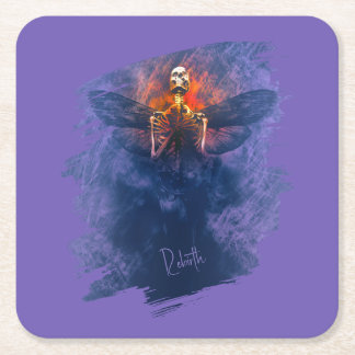 Rebirth. Skeleton with wings rising up Square Paper Coaster