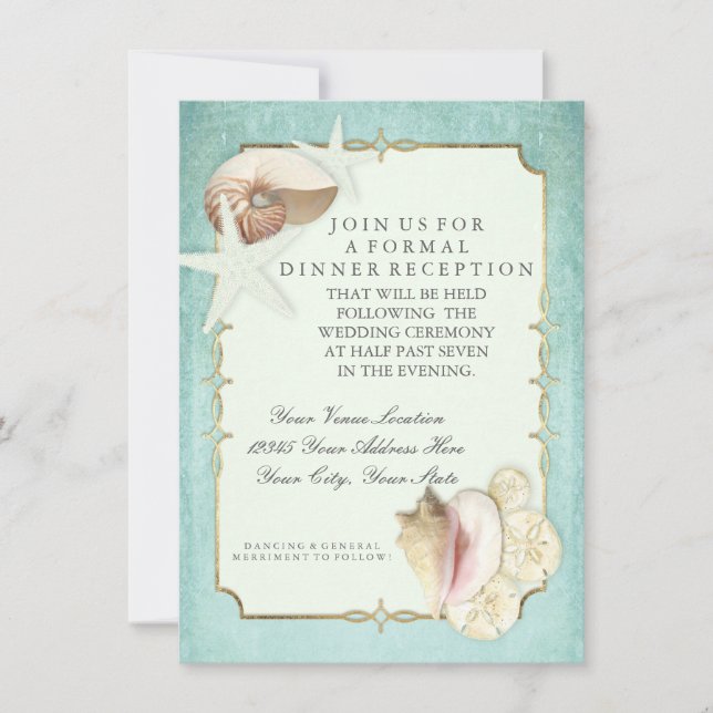 Reception Beach Seashore Shells Ocean Faux Gold Invitation (Front)