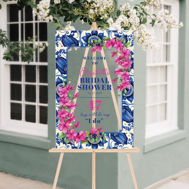 Réception de mariage Bougainvillée rose Carrelage  (Pink Bougainvillea Blue Tile Bridal Shower Welcome Acrylic Sign)