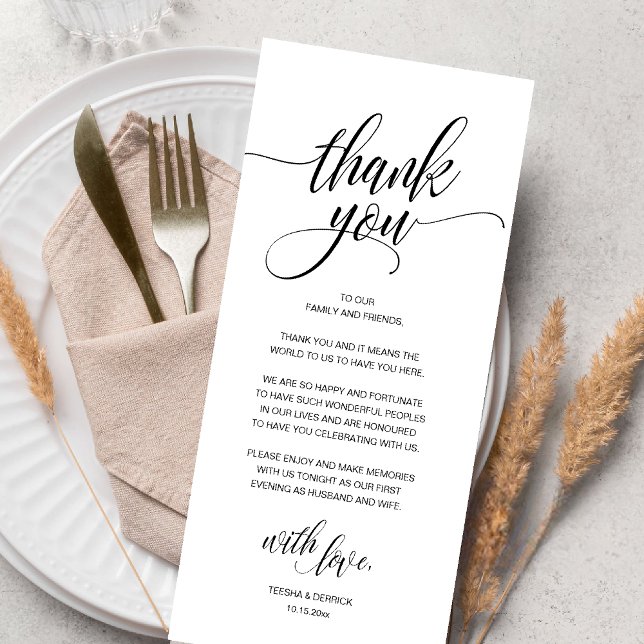Réception de mariage moderne Boho Carte de remerci (Modern Romantic Wedding Reception Dinner Thank You Card in Black and White)