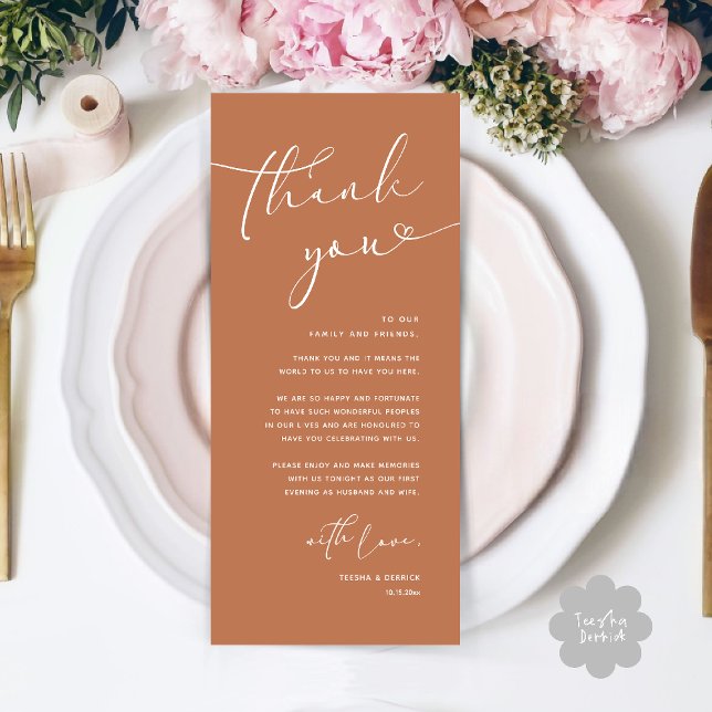 Réception de mariage romantique moderne Carte de r (Modern Romantic Wedding Reception Dinner Thank You Card in Copper Brown Terracotta)