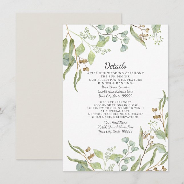 Reception Details Rustic Winery Eucalyptus Foliage Invitation (Front/Back)