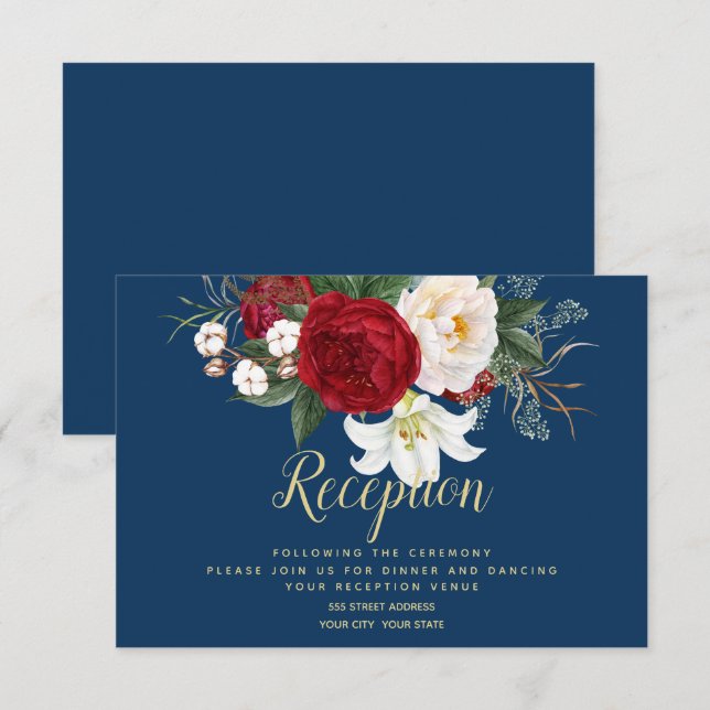 Reception | Navy Blue with Crimson Red Peonies Invitation (Front/Back)