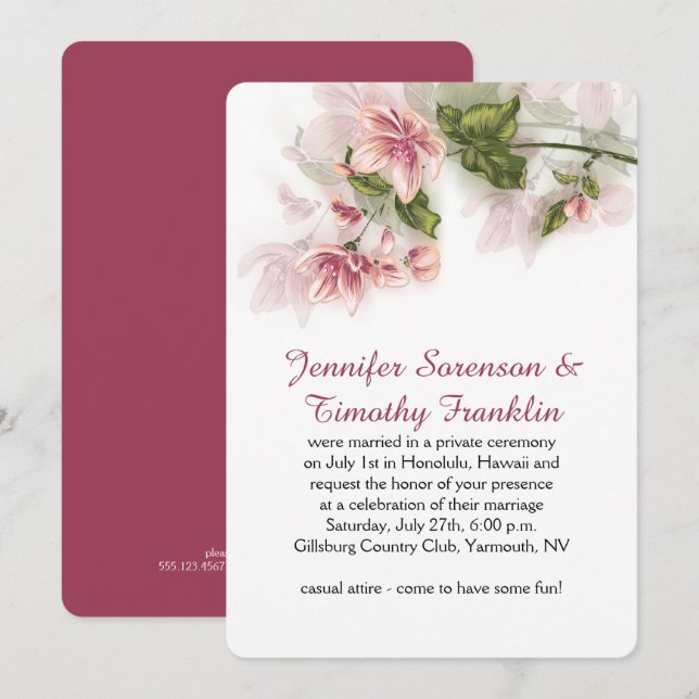 Reception Only Watercolor Pink Flowers Blossoms Invitation (Front/Back)