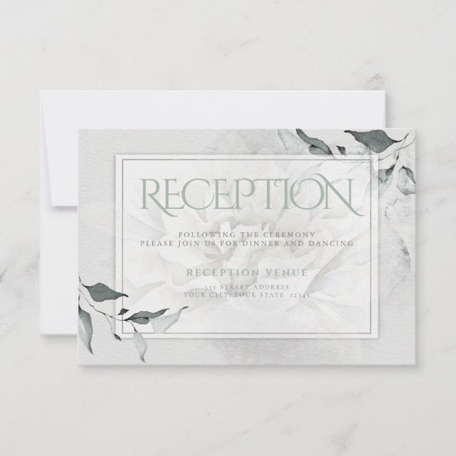 Reception Sage Green Leafy Dahlia Watercolor Wash RSVP Card (Front)