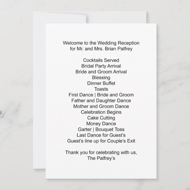Reception Schedule Mr. and Mrs. Palfrey Invitation (Front)