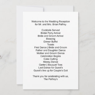 Reception Schedule Mr. and Mrs. Palfrey Invitation