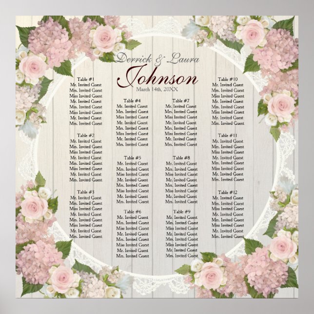 Reception Seating Chart Pink Hydrangea Wood Lace (Front)