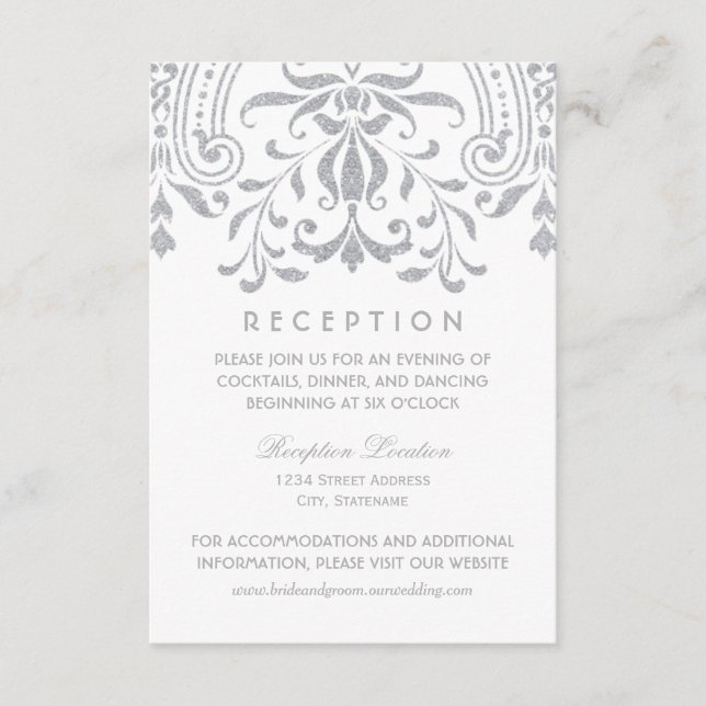 Reception Silver Glitter Vintage Damask Enclosure Card (Front)