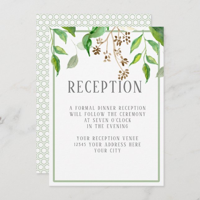 Reception Simple Modern Leaves Greenery Hexagon Invitation (Front/Back)