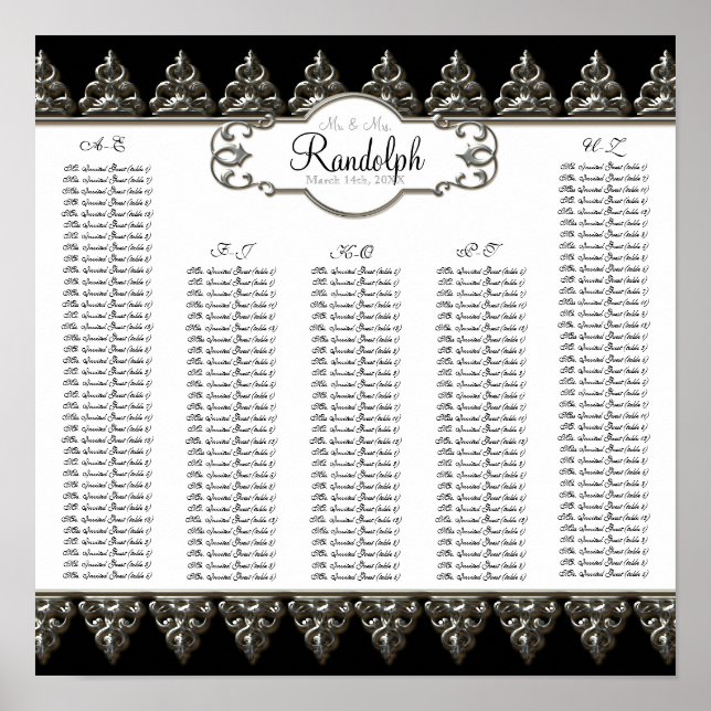 Reception Table Seating Chart Baroque Swirl Silver (Front)