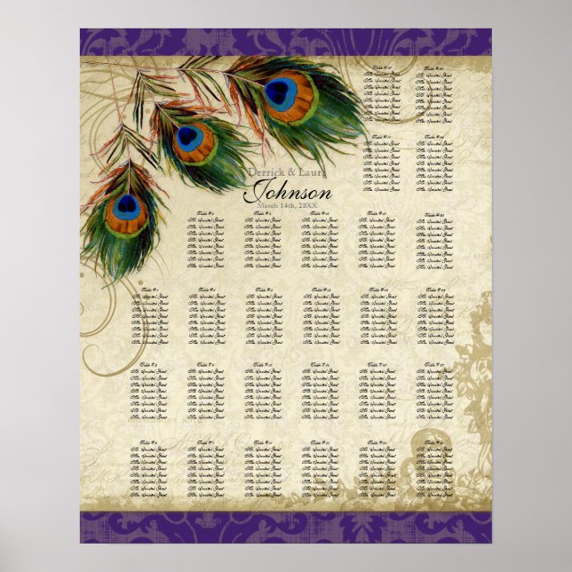Reception Table Seating Chart, Peacock & Feathers Poster (Front)