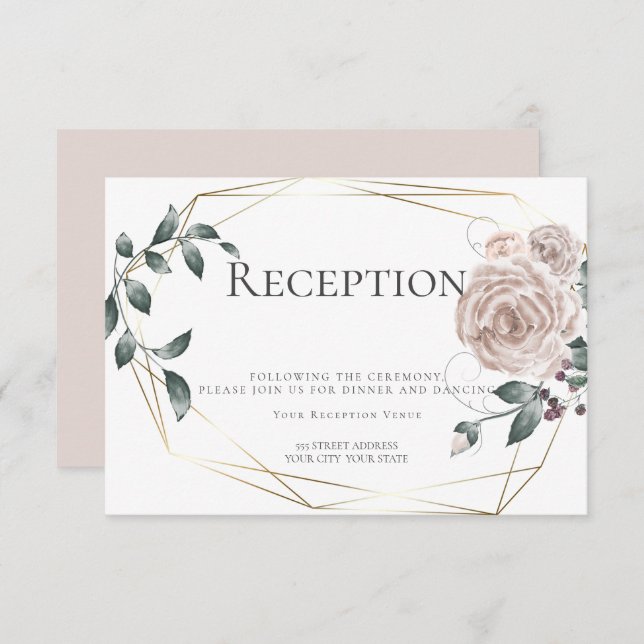 Reception | Watercolor Dusty Rose Floral Gold Enclosure Card (Front/Back)