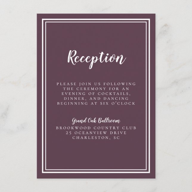 Reception Wedding Classic Purple White Simple Enclosure Card (Front)
