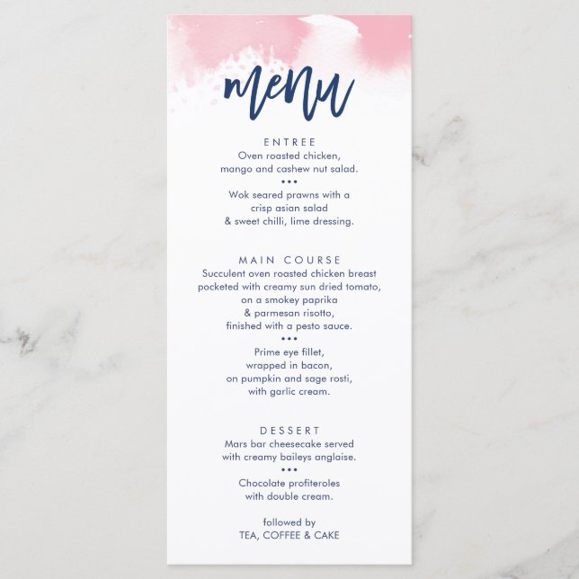 RECEPTION WEDDING MENU cute navy pink watercolor (Front)
