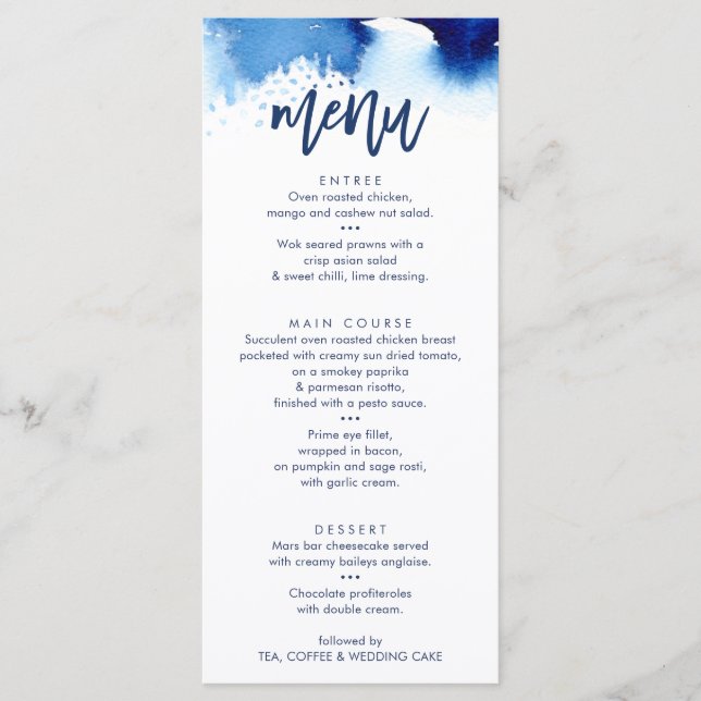 RECEPTION WEDDING MENU stylish navy watercolor (Front)