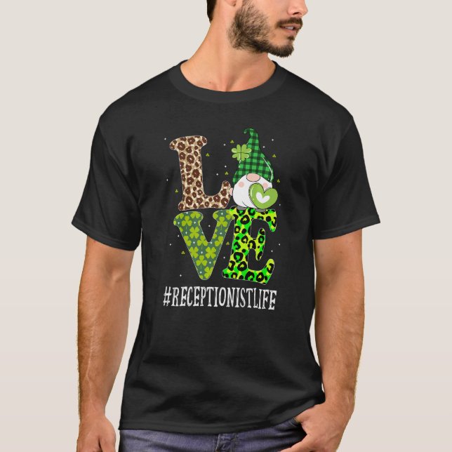 Receptionist Love St Patricks Day Gnome Leopard Wo T-Shirt (Front)