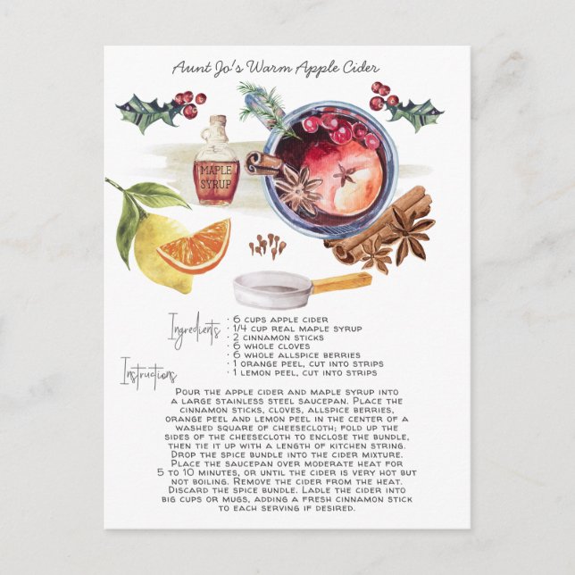 Recette de cidre de pomme d'aquarelle | Carte pour (Devant)