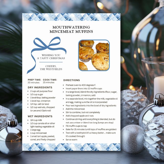 Recette de vacances Mincemeat Muffins Carte de Noë (Dusty Blue Check Holiday Recipe Mincemeat Muffins Christmas Card)