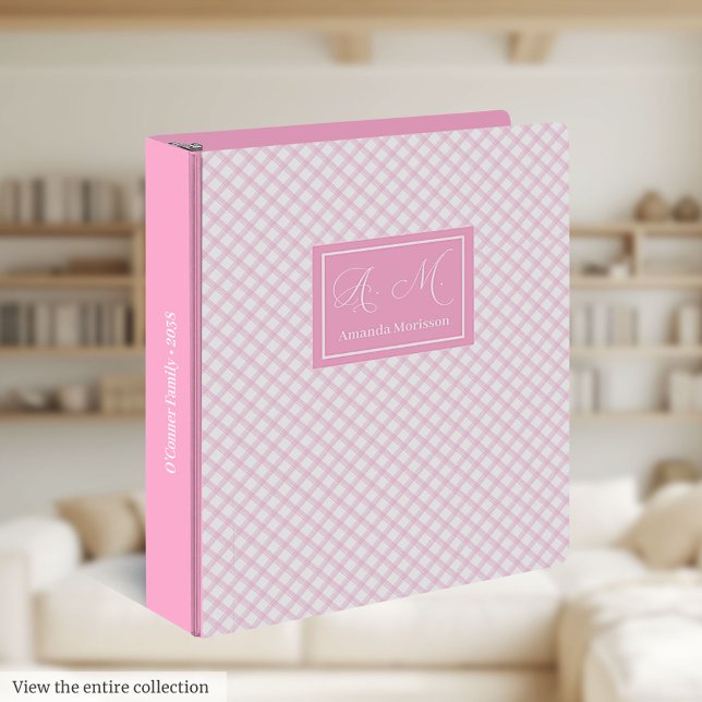 Recipe 3 Ring Binder Pink Plaid Elegant Monogram (Recipe 3 Ring Binder Pink Plaid Elegant Monogram)