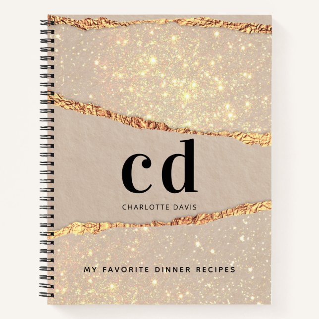 Recipe beige gold agate marble monogram notebook (Front)