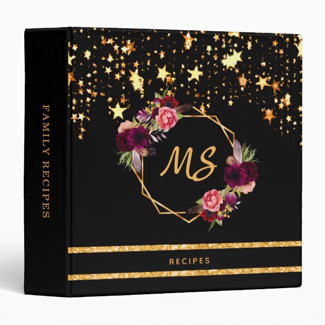 Recipe black gold stars glitter florals cookbook binder (Front/Spine)