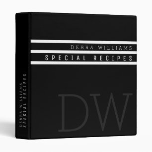 recipe book with chef name, black with stripes binder