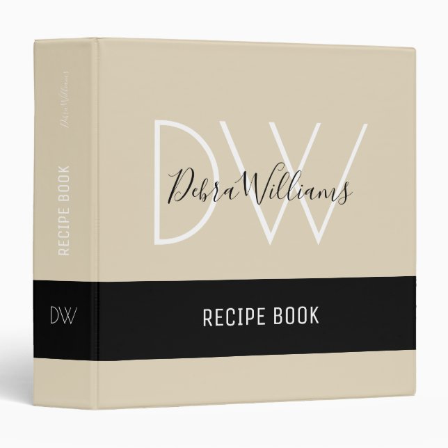 Recipe Book with Custom Monogram beige Binder (Front/Spine)