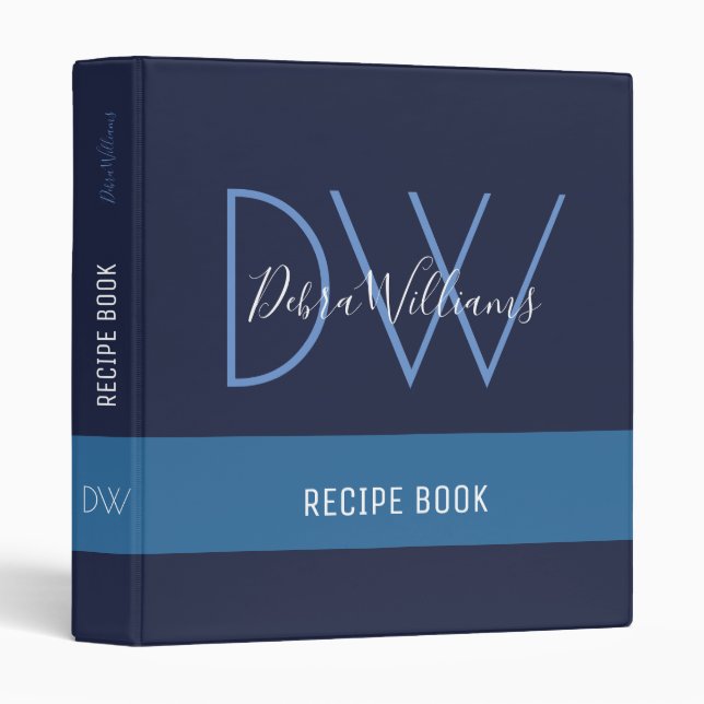 recipe book with custom monogram, blue binder (Front/Spine)