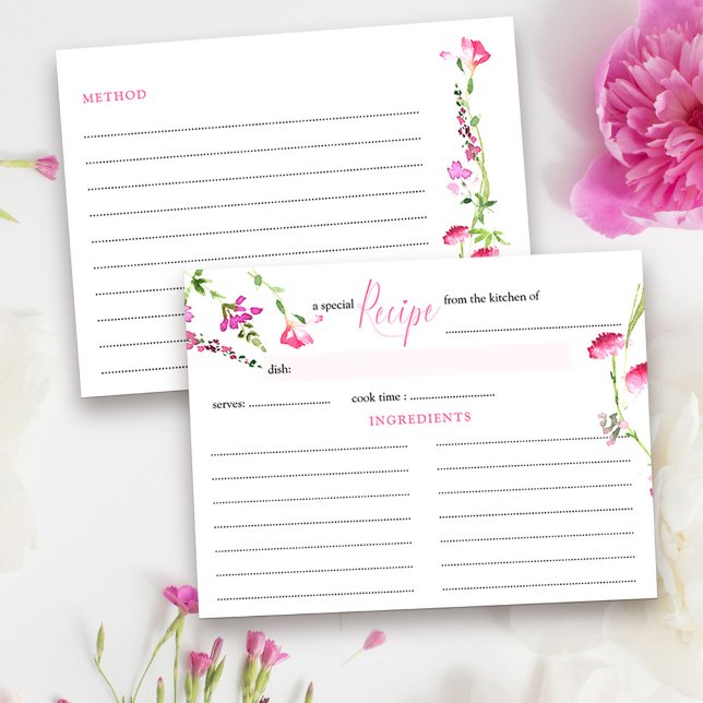 Recipe Card Feminine Pink Wildflower Bridal Shower (Pretty recipe card from my Pink Wildflower Collection. Message me for co-ordinating items.)