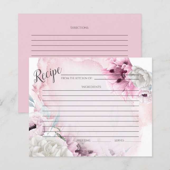 RECIPE CARD | Rustic Watercolor Pink Poppies (Front/Back)