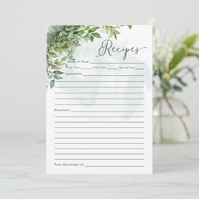 Recipe Card Watercolor Greenery Baby Shower Game (Standing Front)