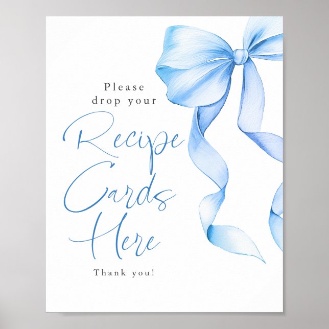 Recipe Cards Dusty Blue Bow Bridal Shower Sign (Front)