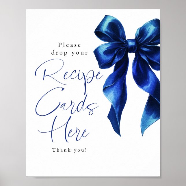 Recipe Cards Navy Blue Bow Bridal Shower Sign (Front)