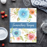 Recipe cookbook, blue red orange floral watercolor notebook<br><div class="desc">Here’s a wonderful way to keep track of all your family recipes. Easily access your culinary adventures with this beautiful, chic, romantic, vintage floral custom name recipe spiral notebook. Rustic turquoise blue, red, orange and pink watercolor flowers overlay a white background. Personalize with your name on the front. Special recipe...</div>