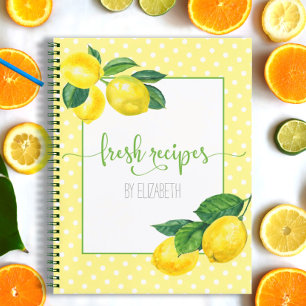 Recipe cookbook, country lemon watercolor, dots notebook