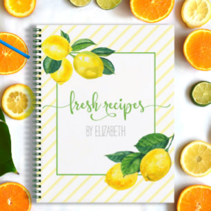 Recipe cookbook, country lemon watercolor, stripes notebook