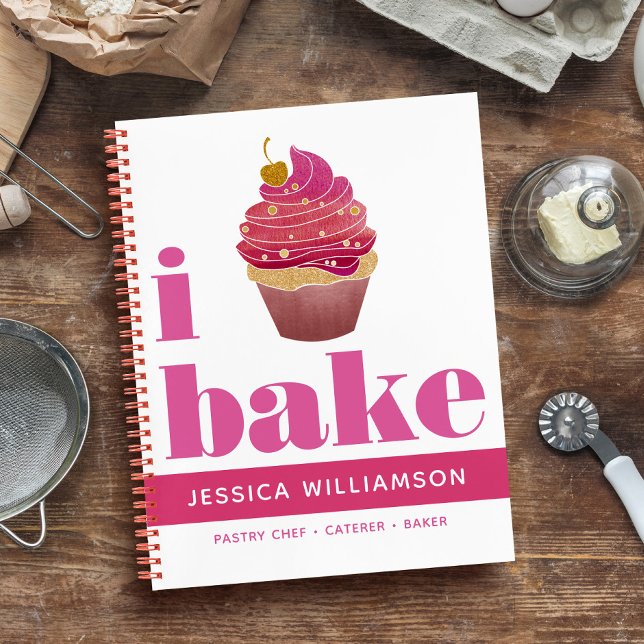 Recipe Cookbook Cupcake Pink Red Gold Bake Modern Notebook (Creator Uploaded)