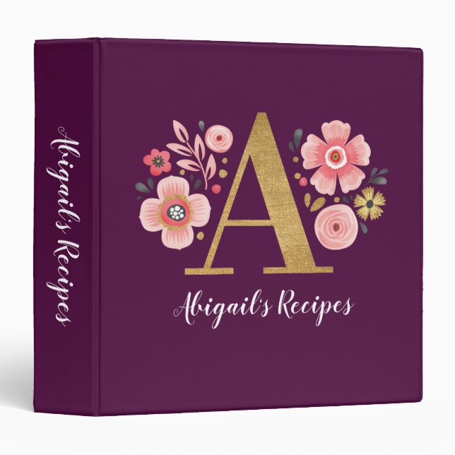 Recipe Cookbook Elegant Monogram Name Floral Binder (Front/Spine)