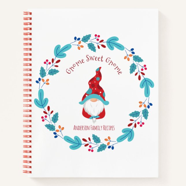 Recipe Cookbook Holiday Gnome Floral Wreath Modern Notebook (Front)