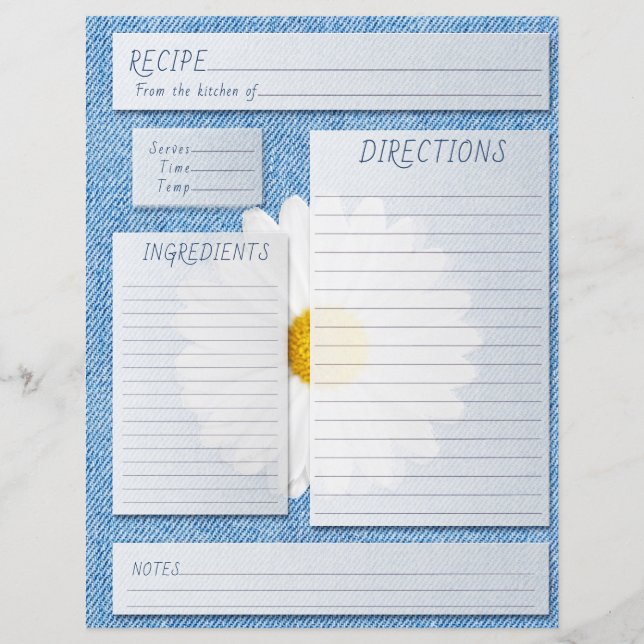 Recipe Cookbook Insert Jeans Daisy Country (Front)