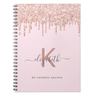 Recipe cookbook monogram glitter rose gold pink notebook