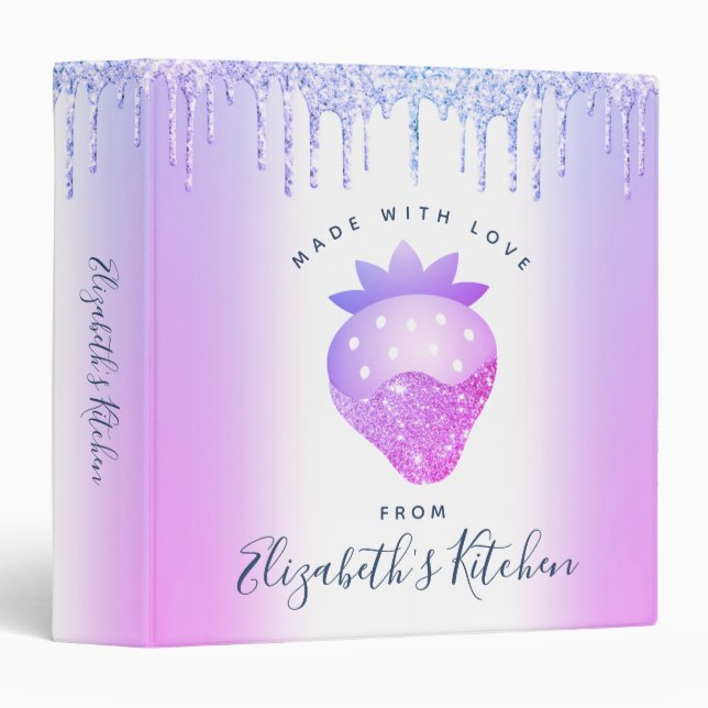 Recipe Cookbook Purple Glitter Drips Strawberry Binder (Front/Spine)